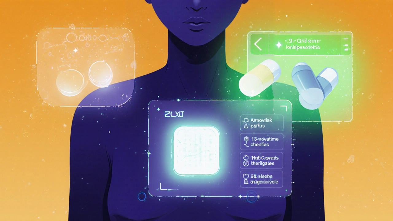 A wearable patch displaying real-time heart data with safe medications glowing in green.
