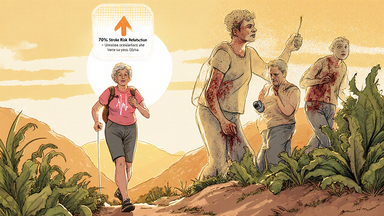 A woman hiking, her healthy heartbeat contrasted with ghostly past struggles on warfarin.