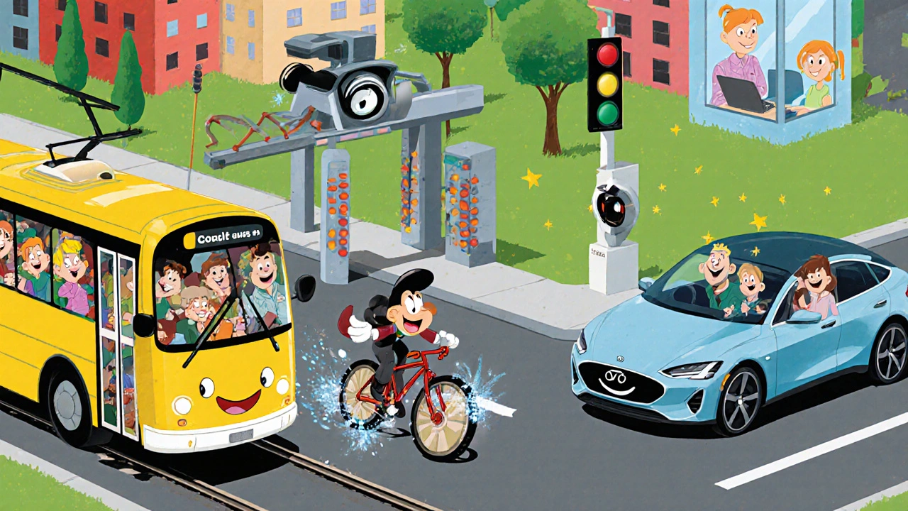 Animated city scene showing bus, tram, bike lane, toll gate, smart light, EV, and telecommuter.
