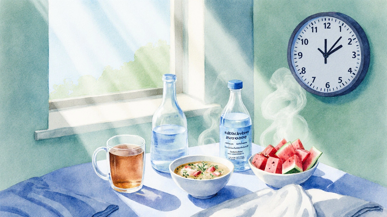 Bedside set of water, tea, electrolyte drink, soup, and fruit for hydration.