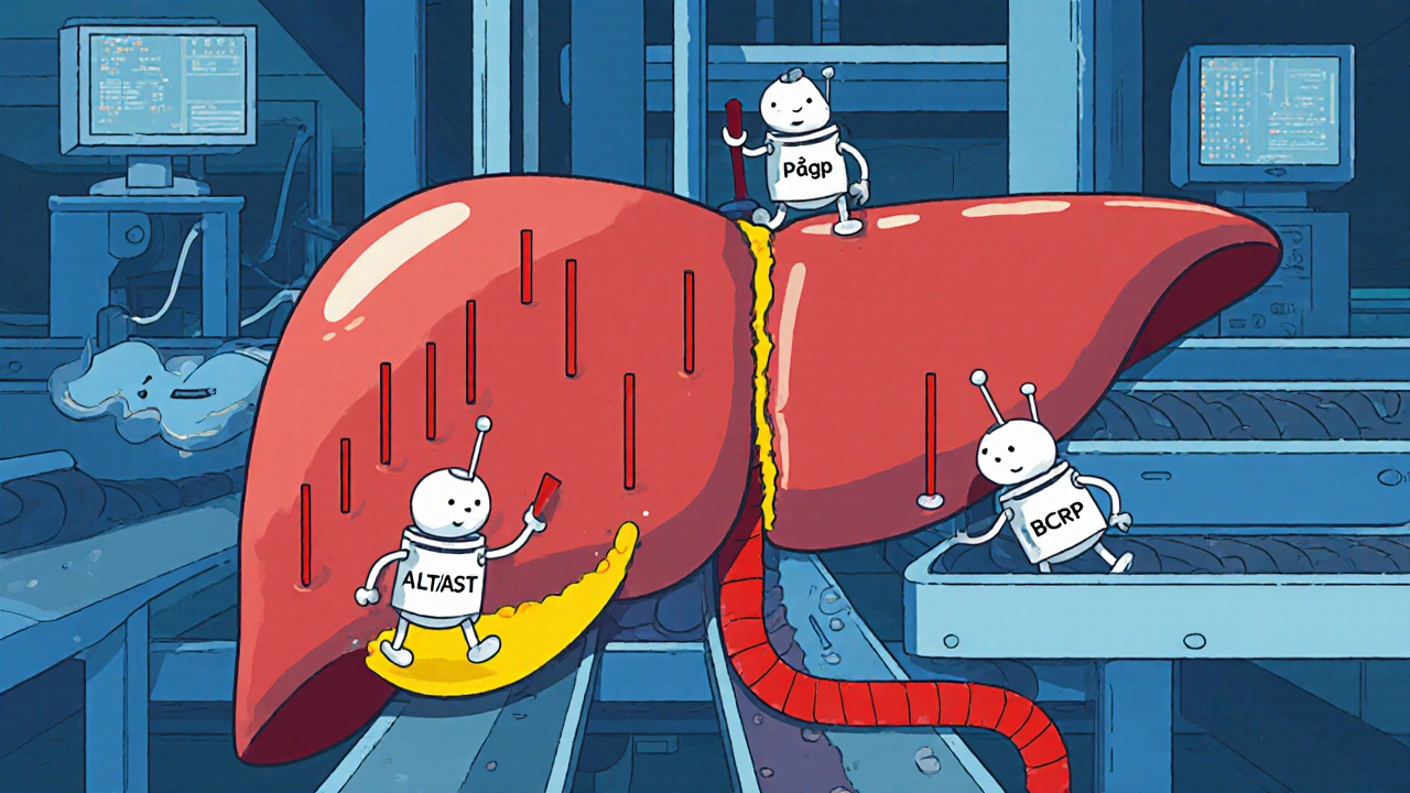 Cartoon liver interior with transporters and rising red bars showing mild ALT/AST spikes.