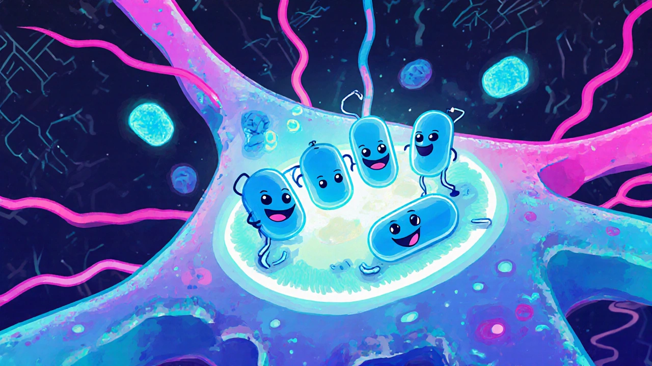 Cartoon neuron showing Keppra molecules binding to SV2A on synaptic vesicles.
