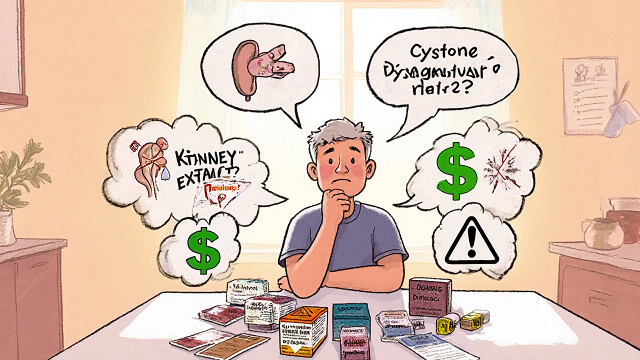 Character weighing supplement options with price tags, evidence stars, and safety icons in a cartoon panel.