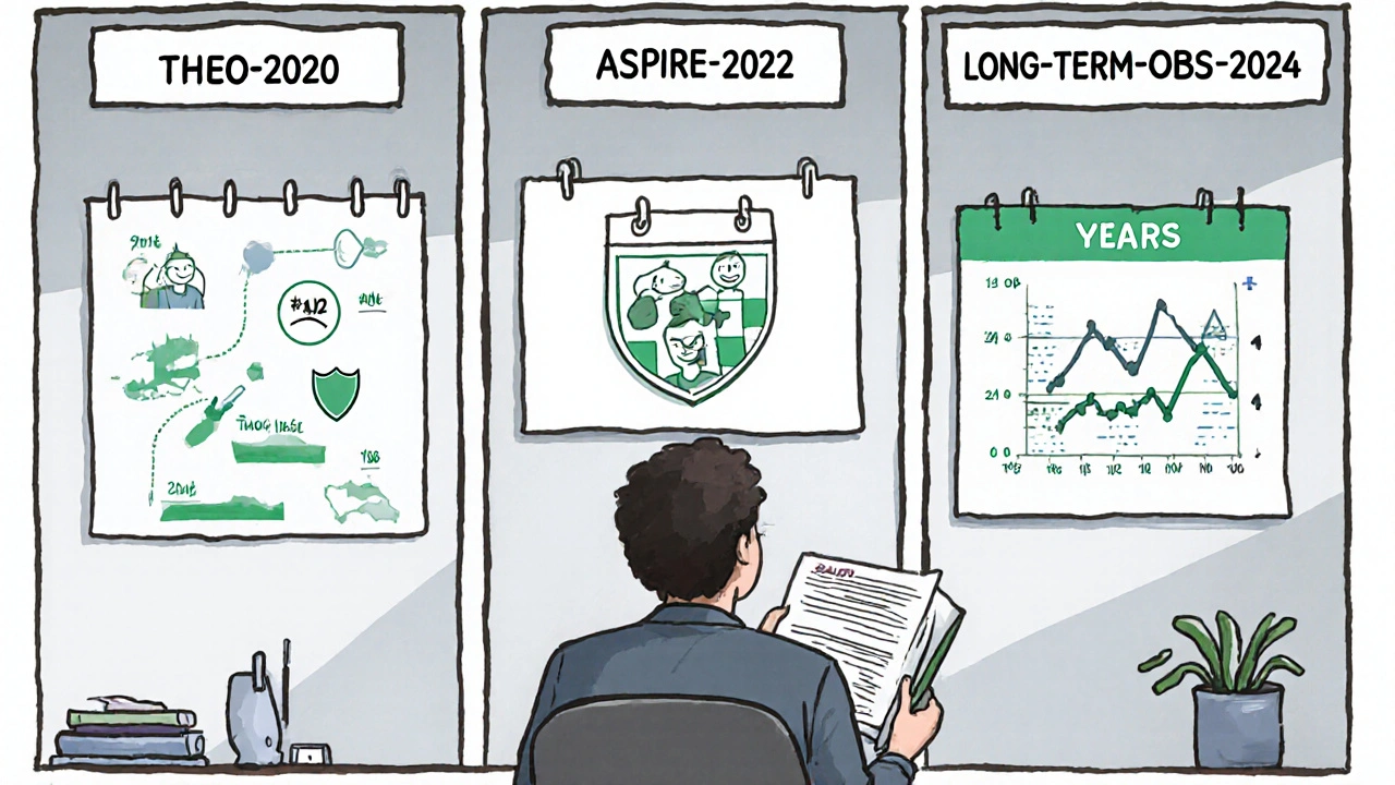 Comic panels showing a doctor reviewing three long‑term hypertension studies.