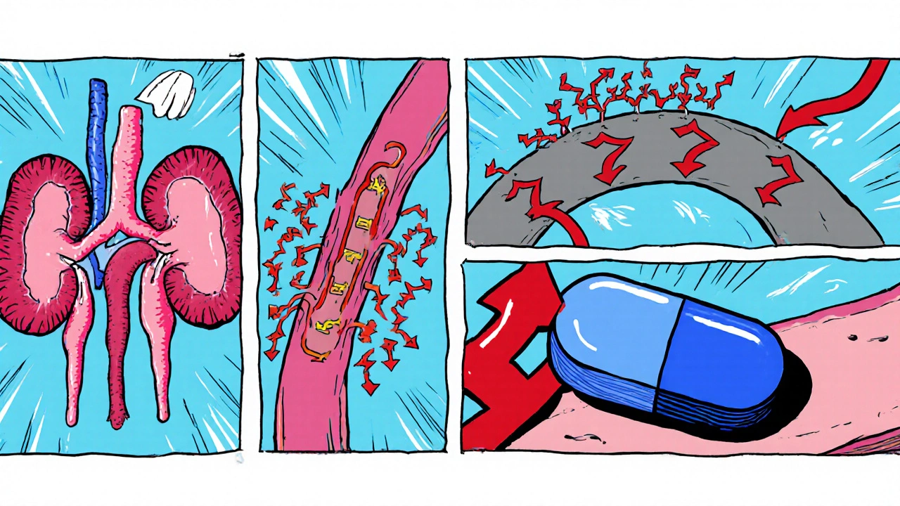 Comic strip of the RAAS cascade with Candesartan blocking AT1 receptors on arteries.