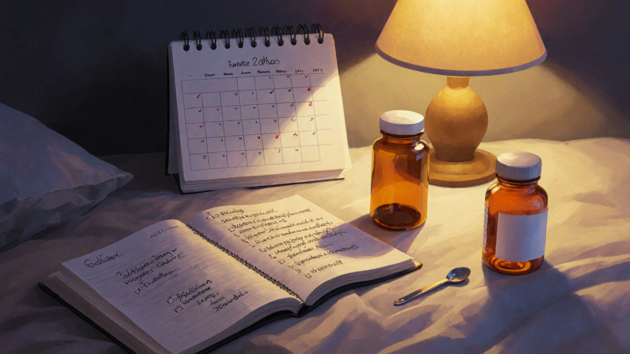 Digital painting of a diary, calendar, and two pill bottles indicating a medication switch.