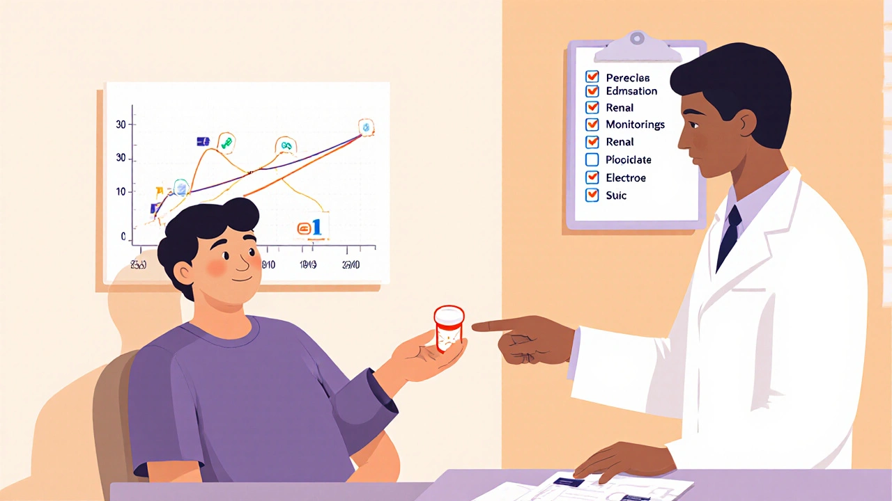 Doctor giving a single pill to a patient, with a timeline of stable blood pressure.