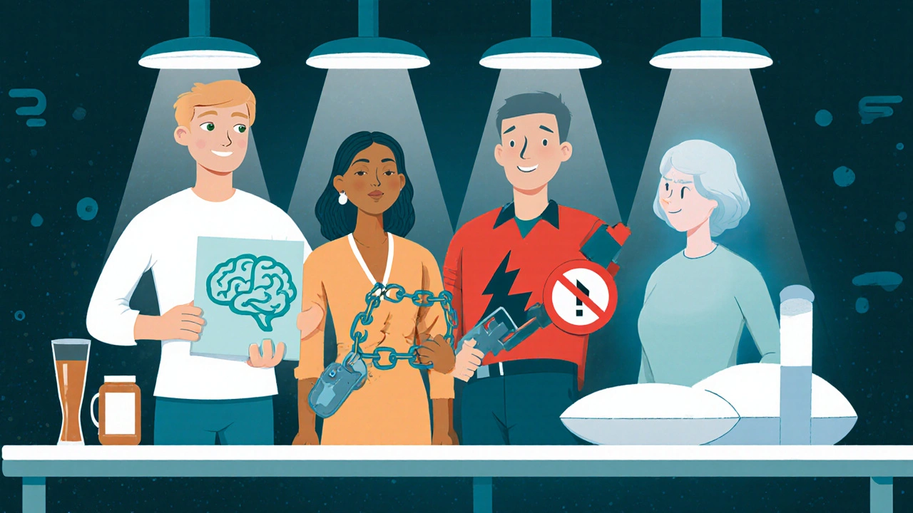 Four cartoon characters represent Acamprosate, Naltrexone, Disulfiram, and Baclofen.