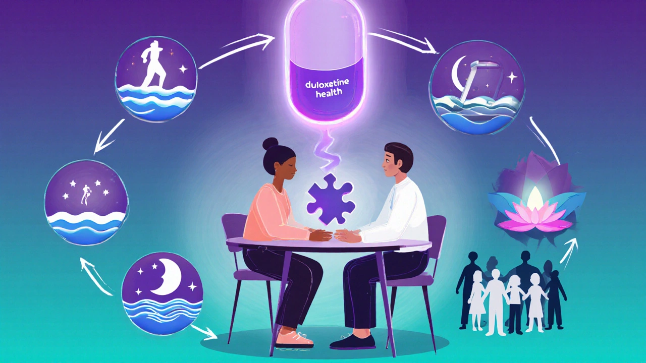 Graphic roadmap of therapy, medication, exercise, sleep, and support icons.