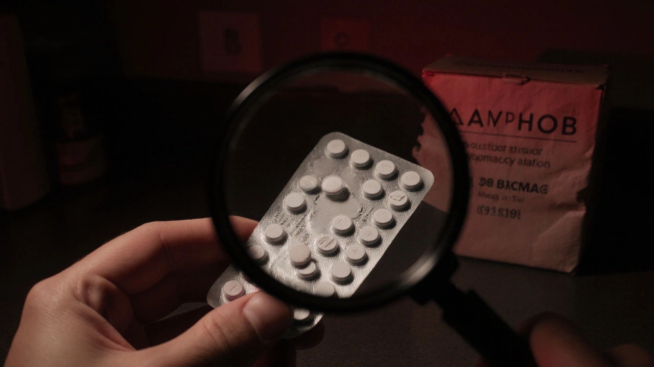 Hand inspecting a questionable blister pack of tablets under a magnifier, highlighting missing batch info.