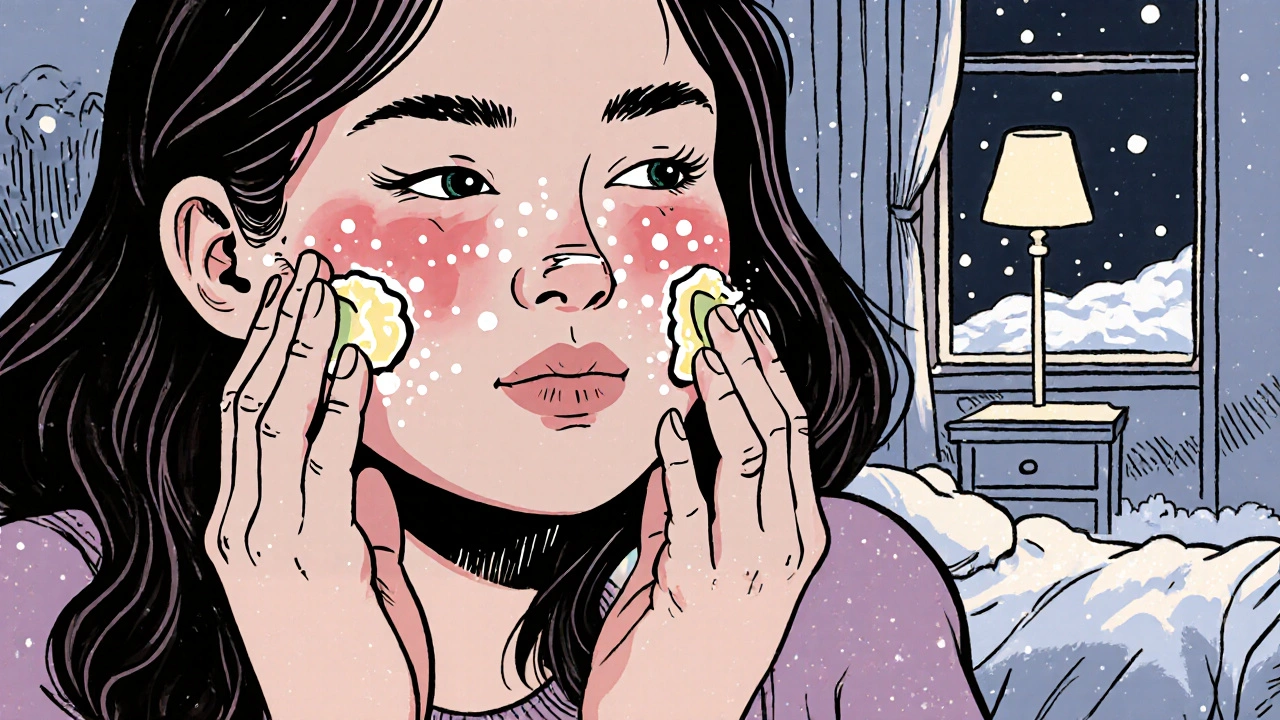 Hands applying healing allantoin balm to dry, winter-chapped skin.