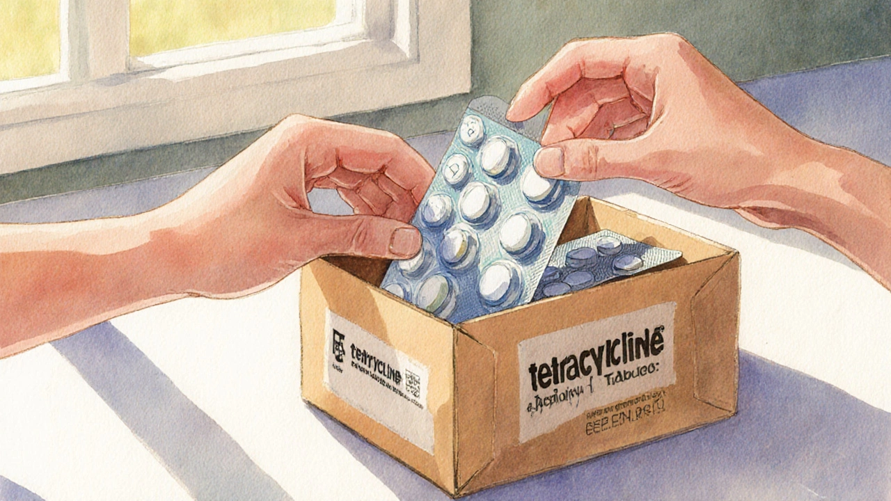 Hands opening a parcel and inspecting tetracycline tablets in a sunny home.