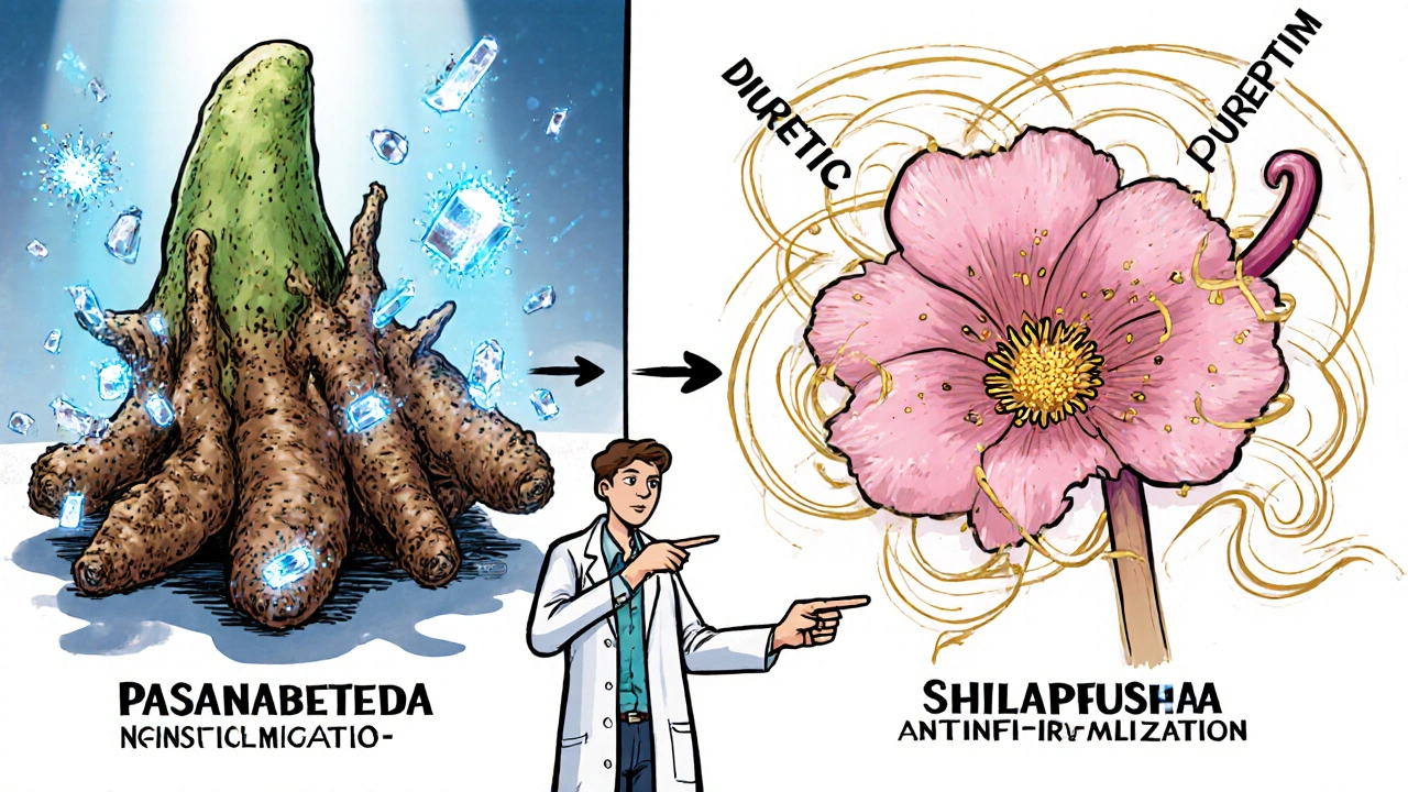 Illustrated Pasanabheda rhizome and Shilapushpa flower with floating kidney stones being dispersed.