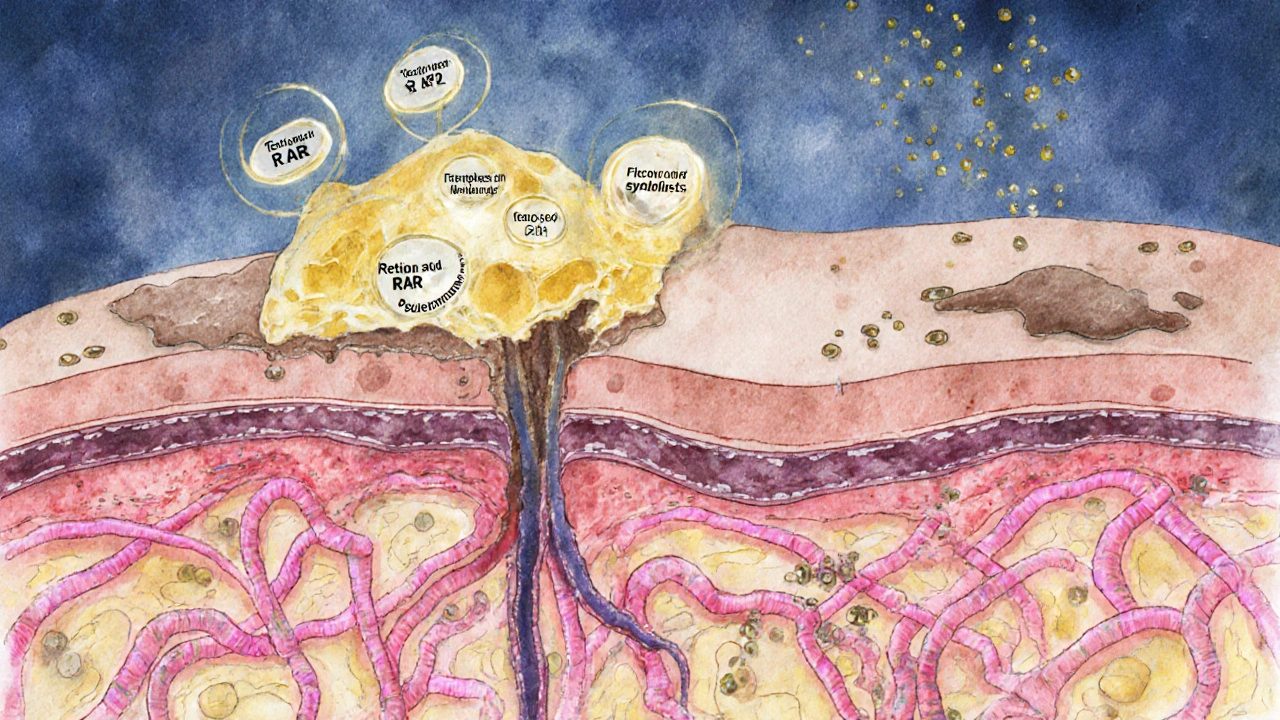 Illustrated skin cross‑section showing tretinoin binding receptors, collagen formation, and melanin movement.