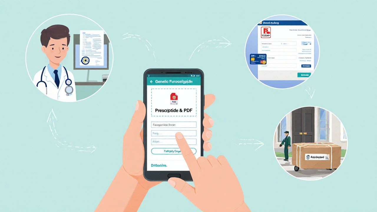 Illustration of a person uploading a prescription, paying online, and receiving a sealed furosemide parcel.