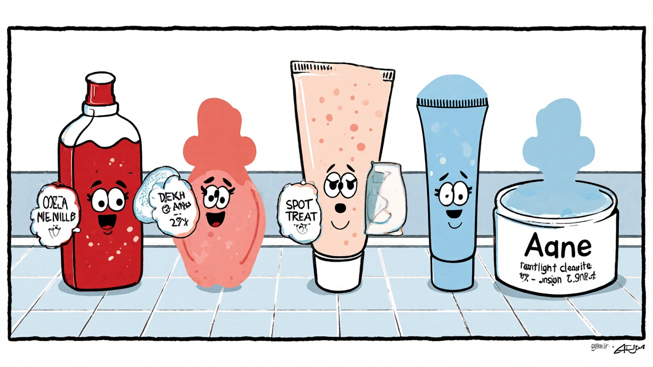 Illustration of five acne product bottles as characters matched with different skin types.