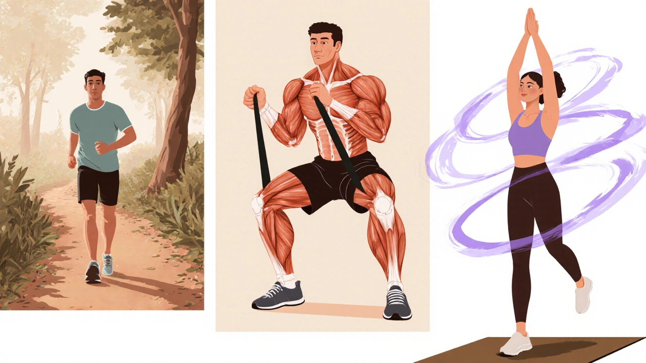 Illustration of walking, resistance‑band squats, and yoga as joint‑friendly components.