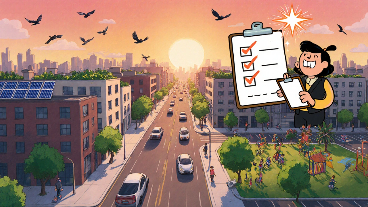 Overhead cartoon city with quiet boulevard, rooftop gardens, planner checking off a list.