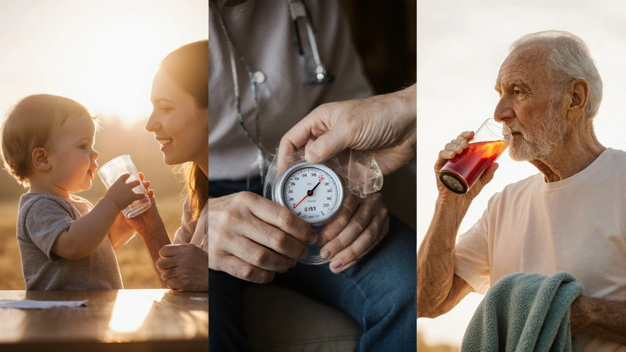Parent, caregiver, and coach giving fluids to child, elderly, and athlete.
