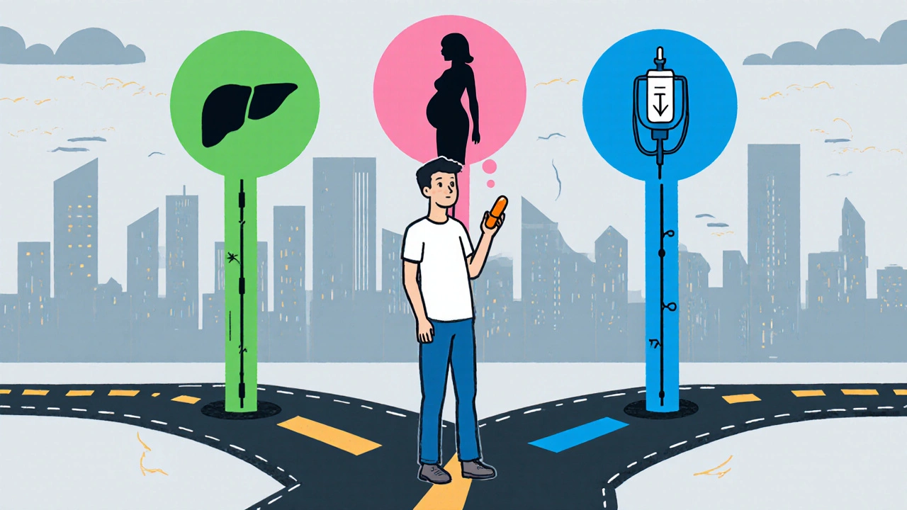 Patient at a crossroads choosing a medication, icons show liver, pregnancy, IV.
