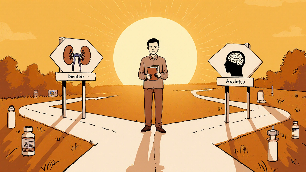 Patient at a crossroads with signposts showing kidney, liver, and anxiety relief cues.