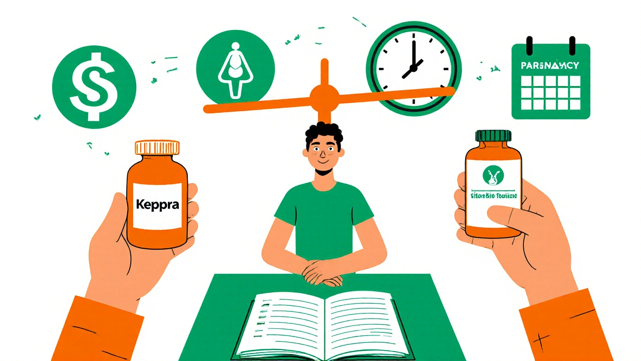 Patient compares Keppra and lamotrigine with cost and side‑effect icons on a desk.