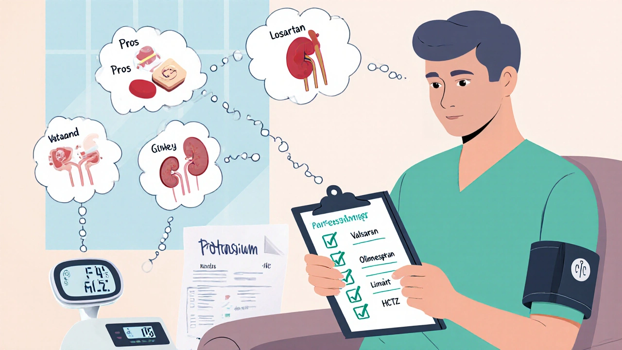 Patient reviewing medication pros and cons checklist with blood pressure cuff and lab results.
