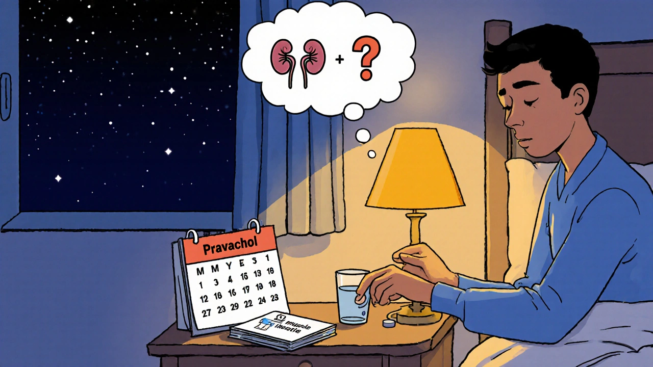 Patient taking Pravachol at night with lamp light, calendar, and health reminder icons.