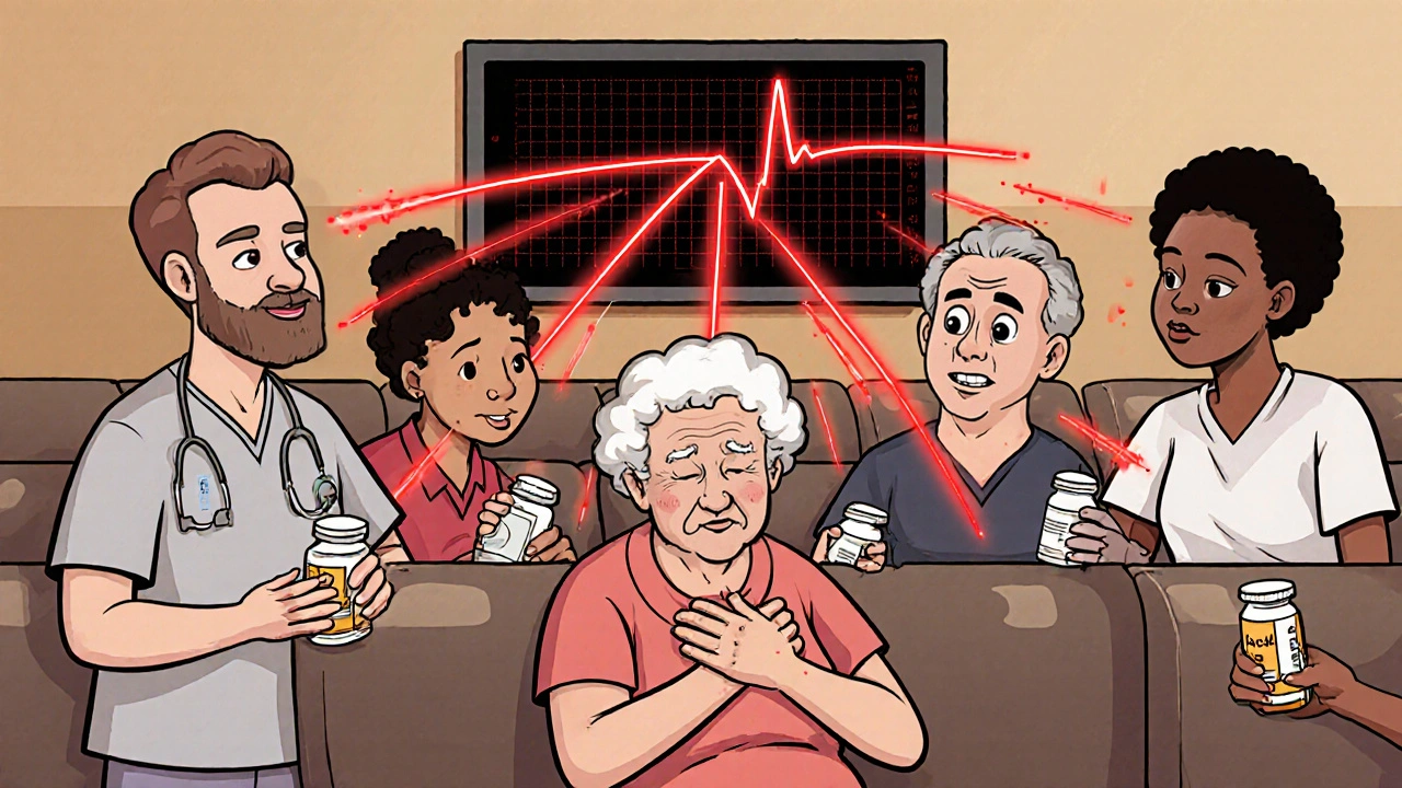 Patients in a clinic connected by warning lines to a monitor showing a spiked heart rhythm.