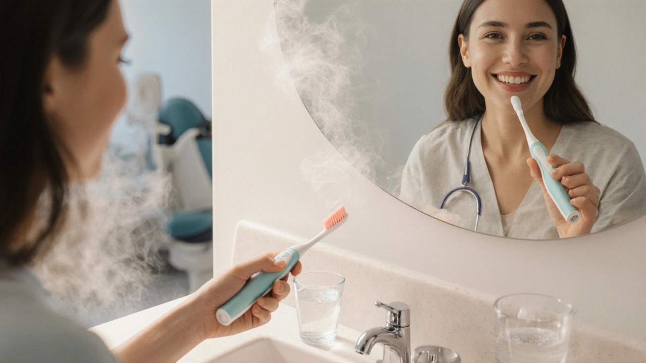 Person gently brushing teeth with soft brush, water glass, and hint of dentist tools.