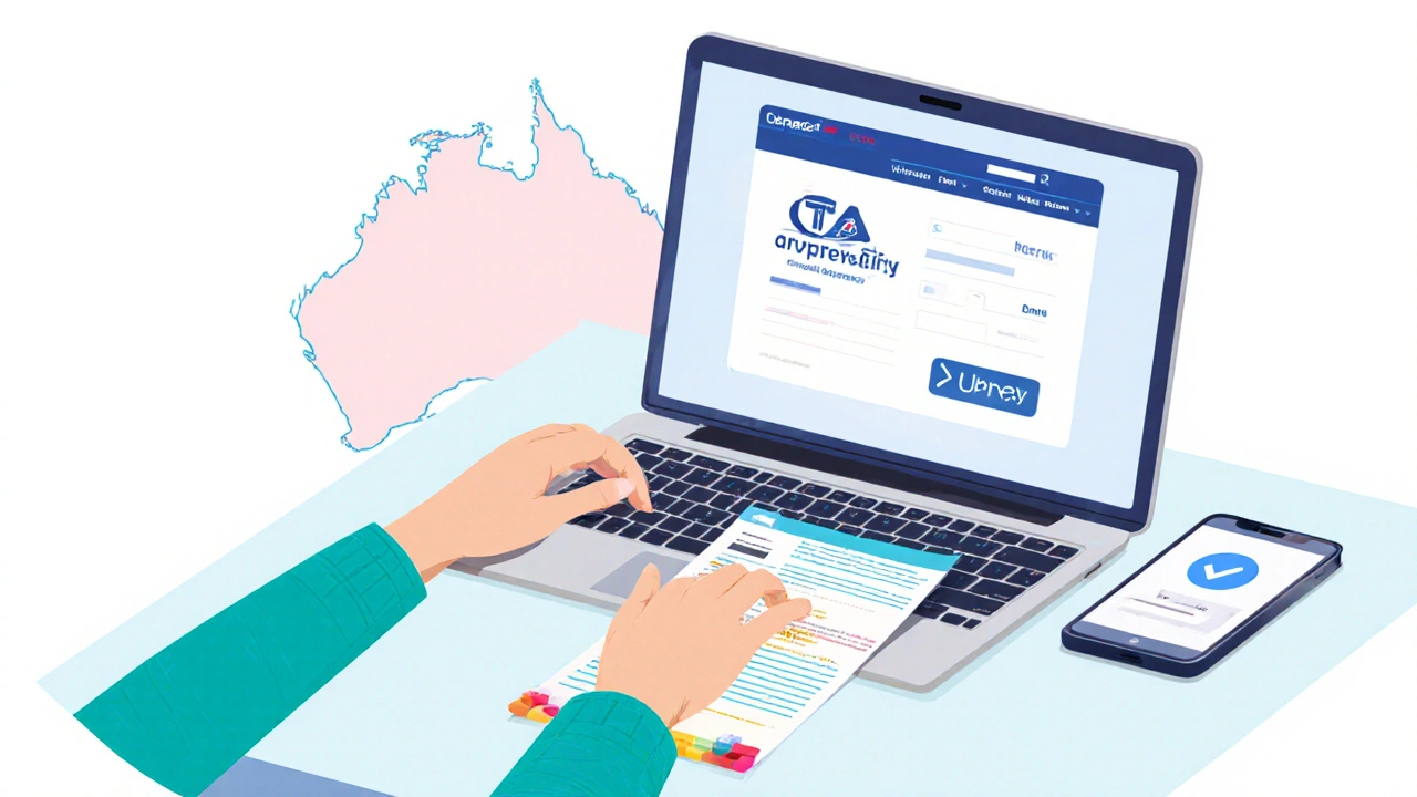 Person ordering medication online, showing a laptop with pharmacy logo and prescription upload.