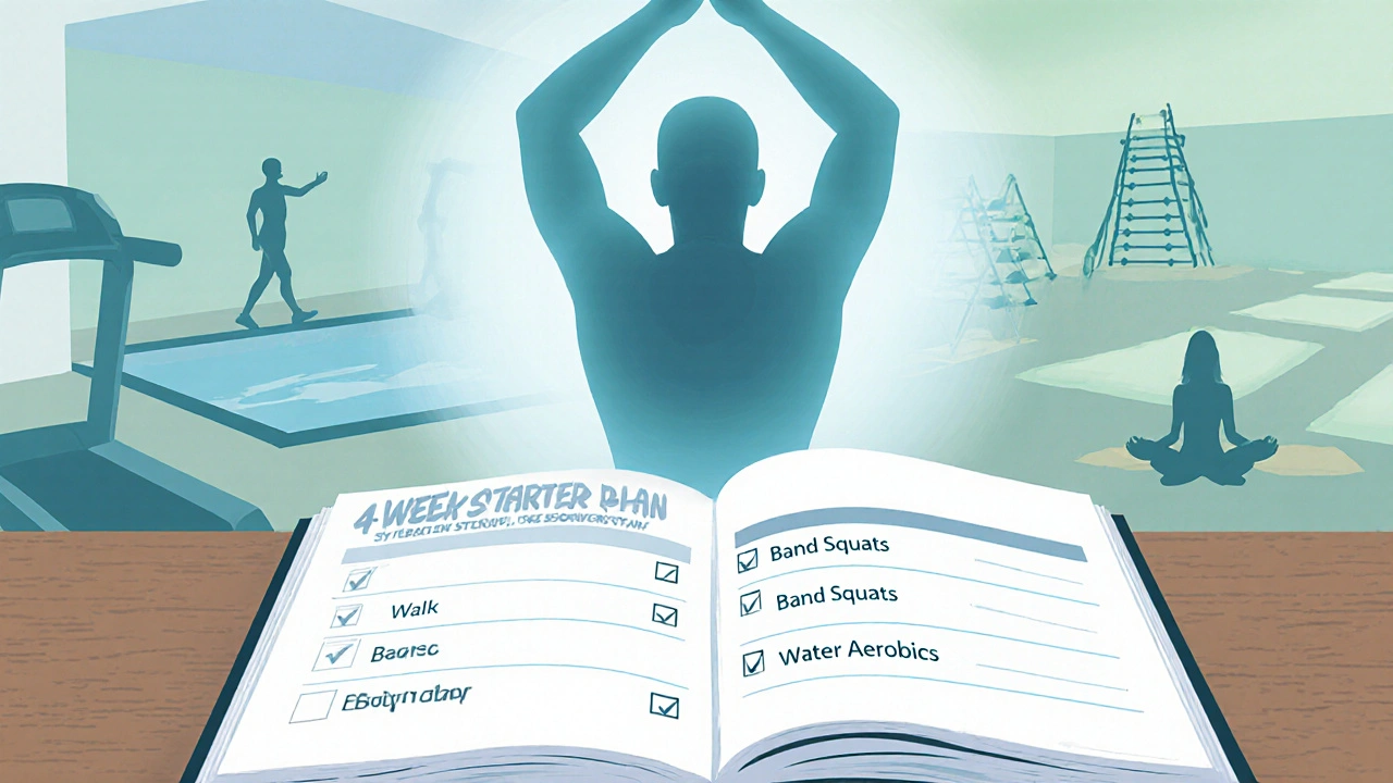 Planner showing 4‑week joint‑friendly schedule with person stretching nearby.