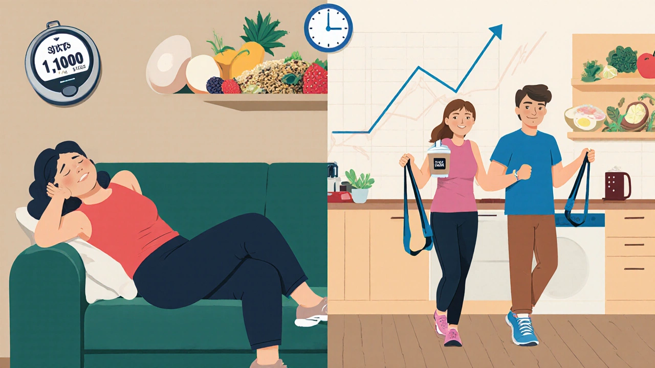 Split scene: tired woman on couch vs. active woman walking with protein shake and resistance bands.