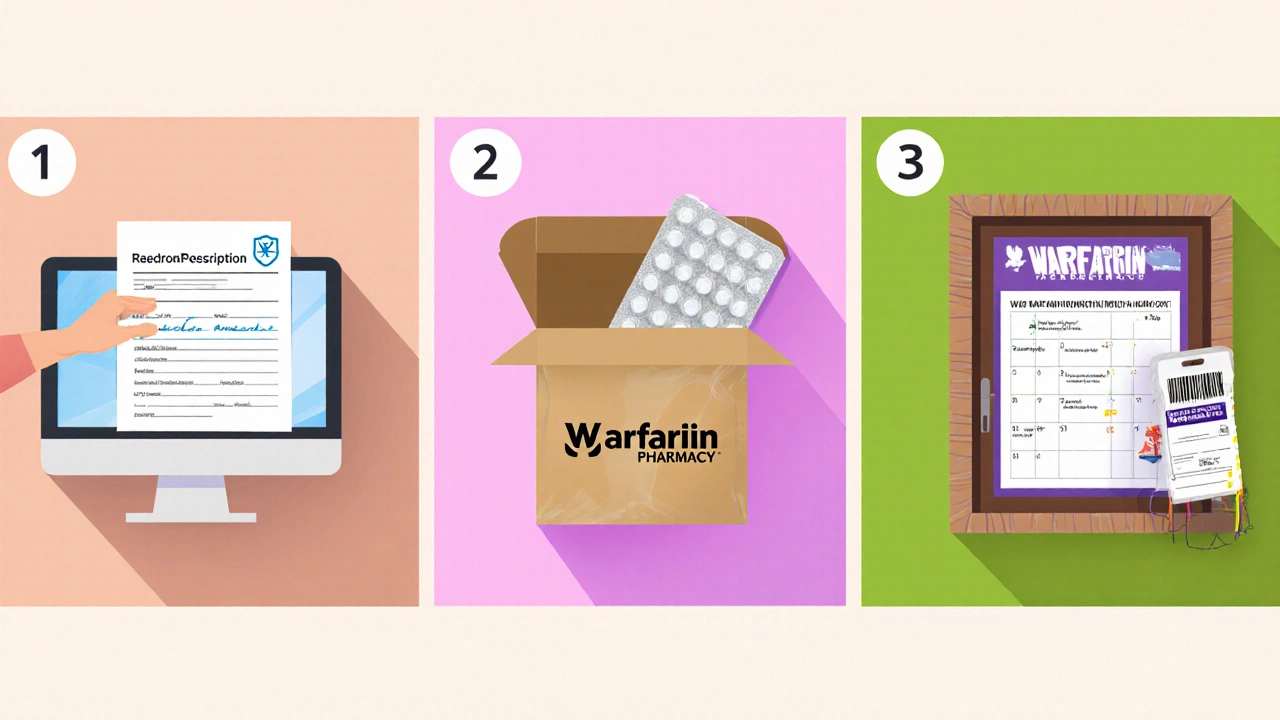 Three‑panel scene of prescription upload, package delivery, and tablet blister pack with INR calendar reminder.