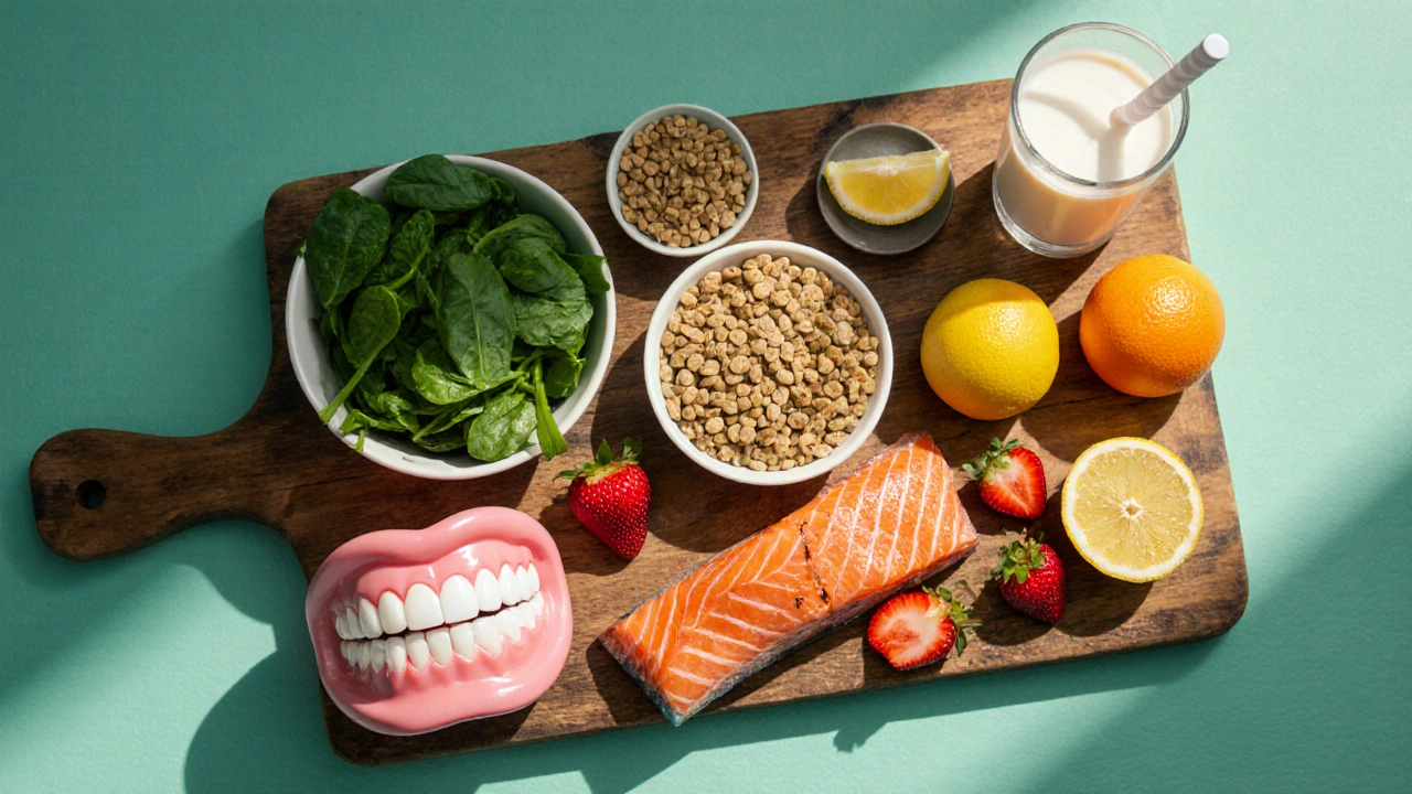 Top‑down view of iron, B12, folate, and vitamin C foods beside healthy teeth and gums.