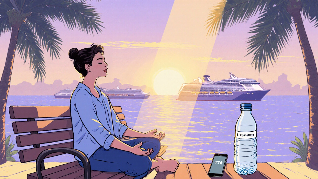 Traveler at a seaside terminal practicing breathing, with a phone showing a mindfulness app.