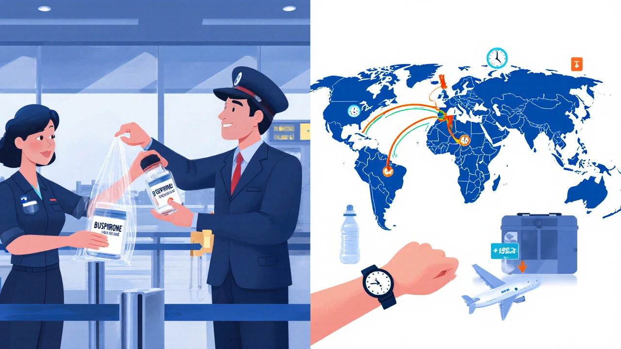 Traveler at security showing a labeled pill bottle, with a map of time zones and dosing schedule.