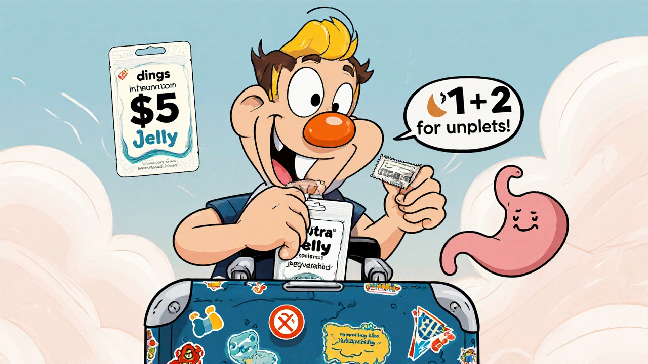 Traveling cartoon character uses Zhewstra jelly from a suitcase, price tags compare costs.