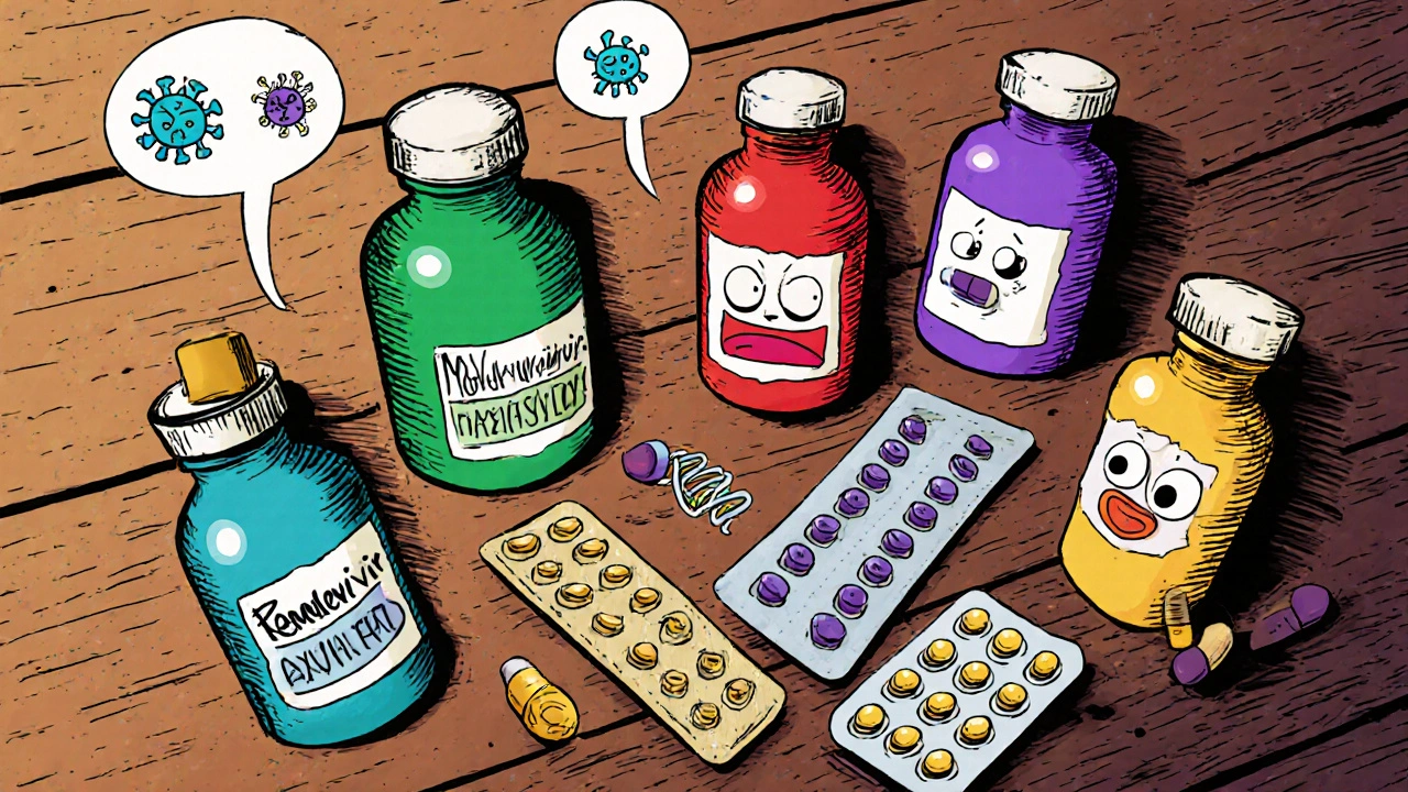 Various antiviral bottles and pills displayed on a table with comic icons of viruses.
