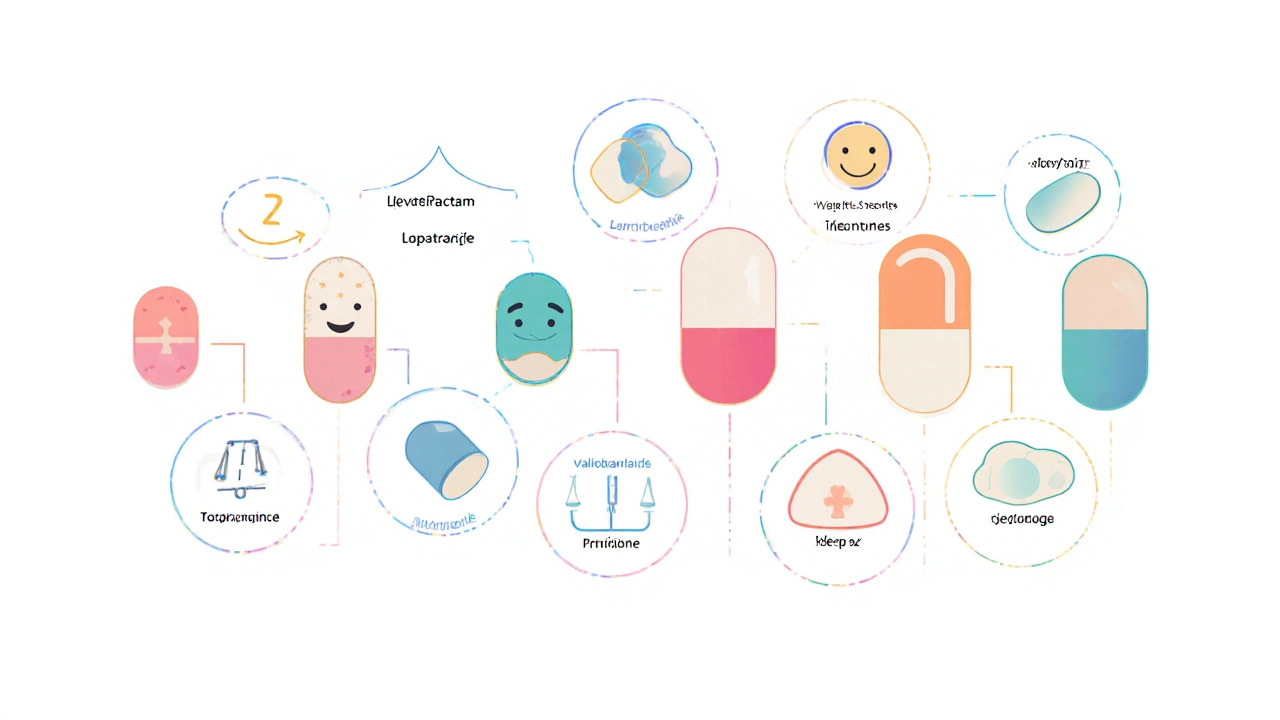 Vector illustration of seven AED pills with icons for side‑effects and mechanisms.