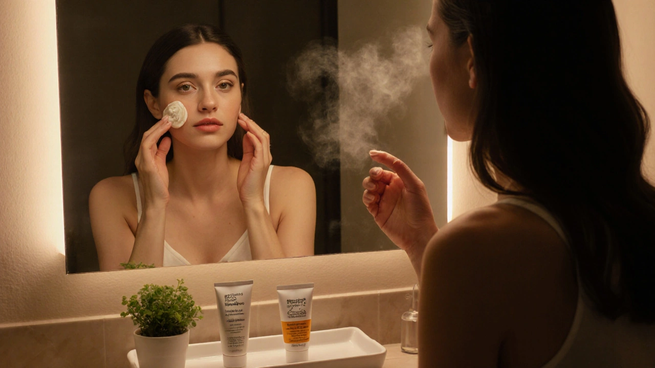 Woman applying night retinoid cream beside moisturizer and sunscreen in a softly lit bathroom.