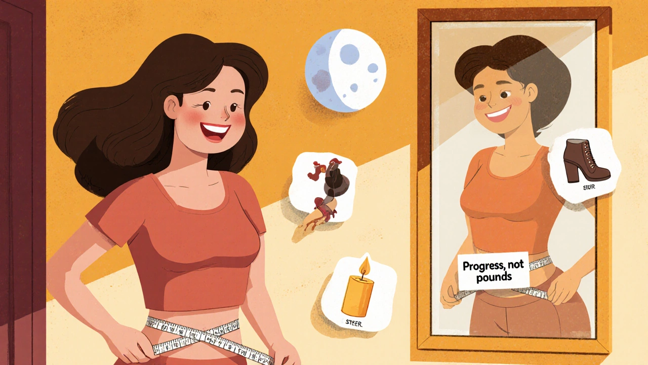 Woman measuring waist with positive reflection, surrounded by icons of sleep, protein, and movement.