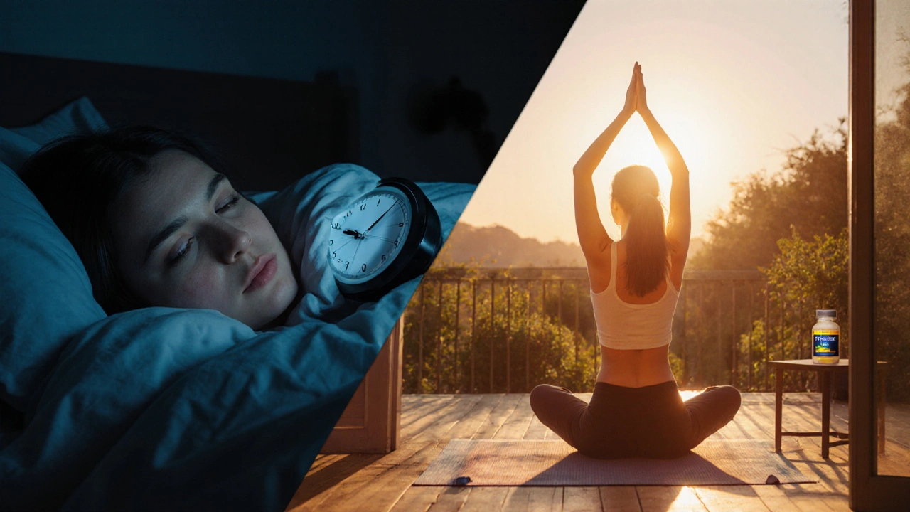 Woman struggling with insomnia then practicing yoga with medication nearby.