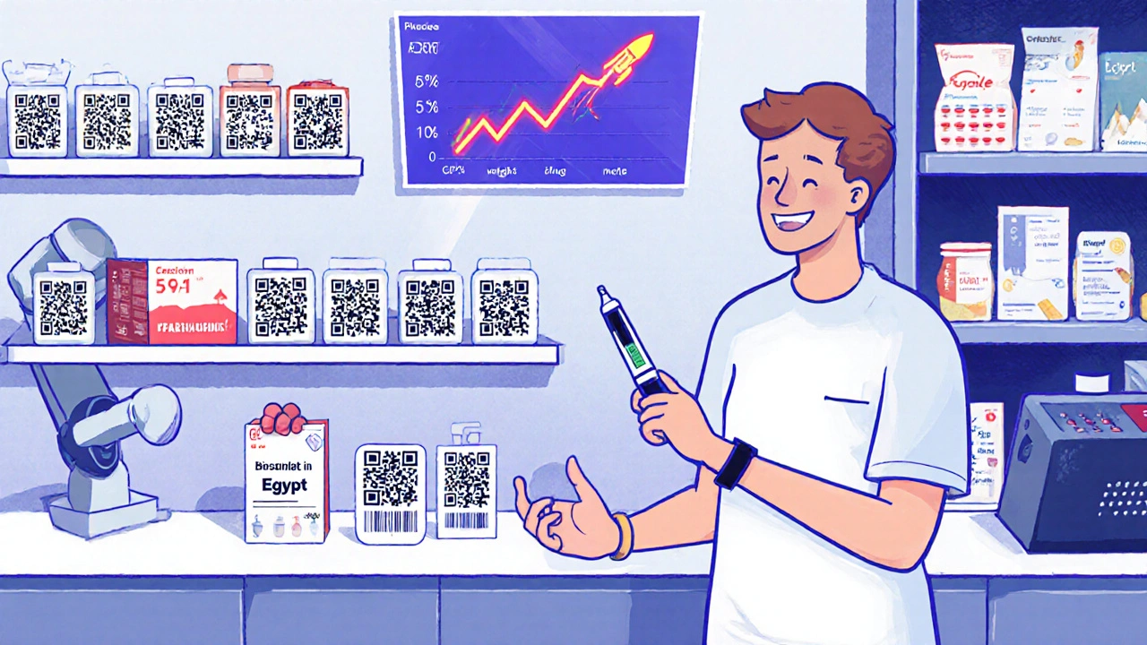 A 2030 pharmacy shelf with smart generic packaging, a robot handing out biosimilars, a patient holding Egyptian insulin, and holographic market data showing specialty drugs rising.