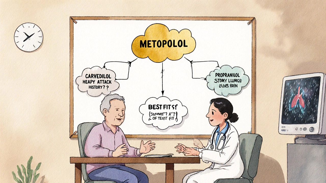 A doctor and patient at a clinic, facing a decision tree poster with metoprolol as the golden path for heart conditions.