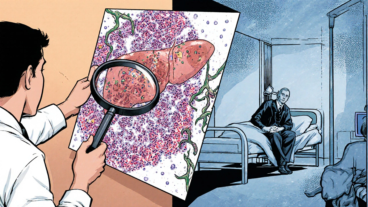 A doctor examines a liver biopsy slide that turns into a battlefield, while a tired patient rests on a bed.