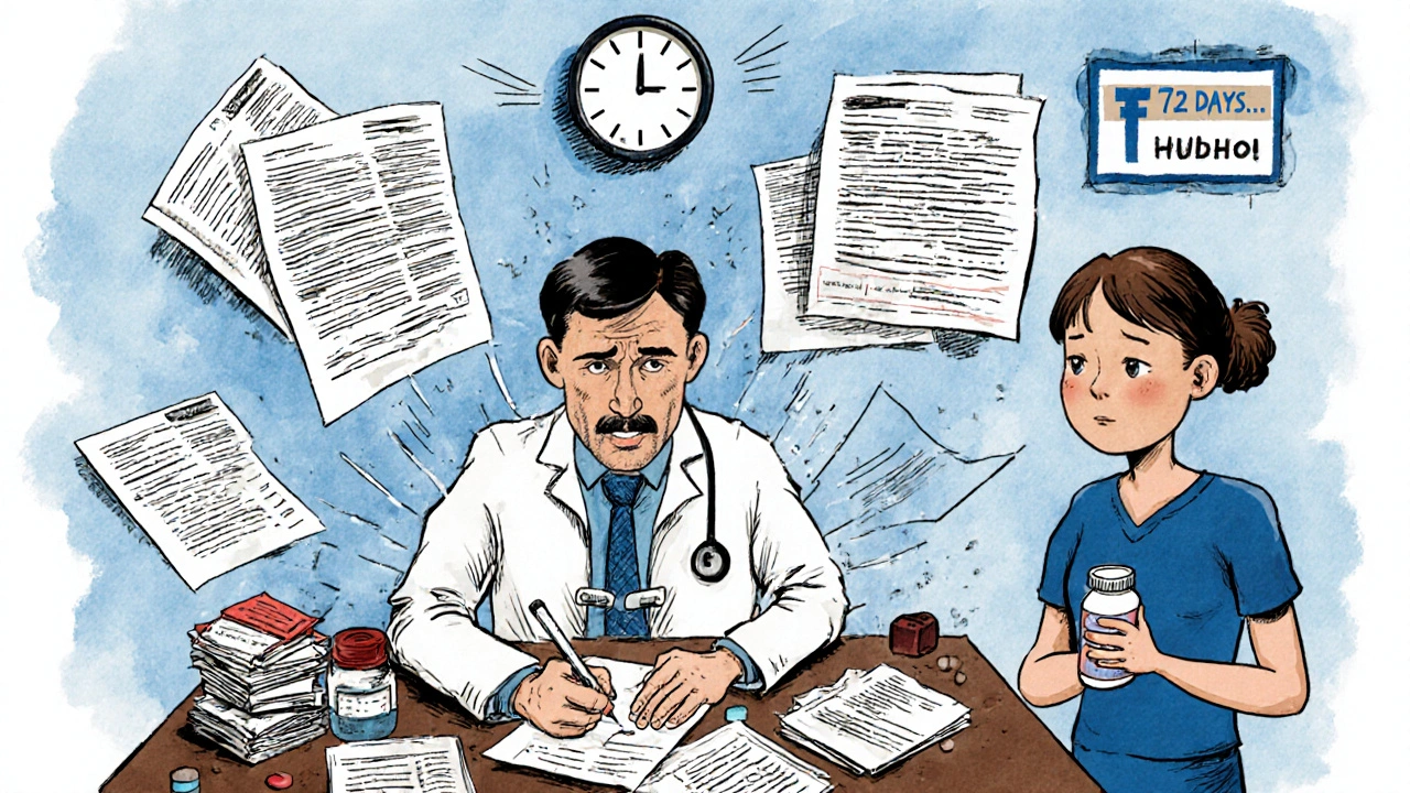 A doctor writes a prior authorization letter as rejected forms pile up, a patient waits with an empty pill bottle.