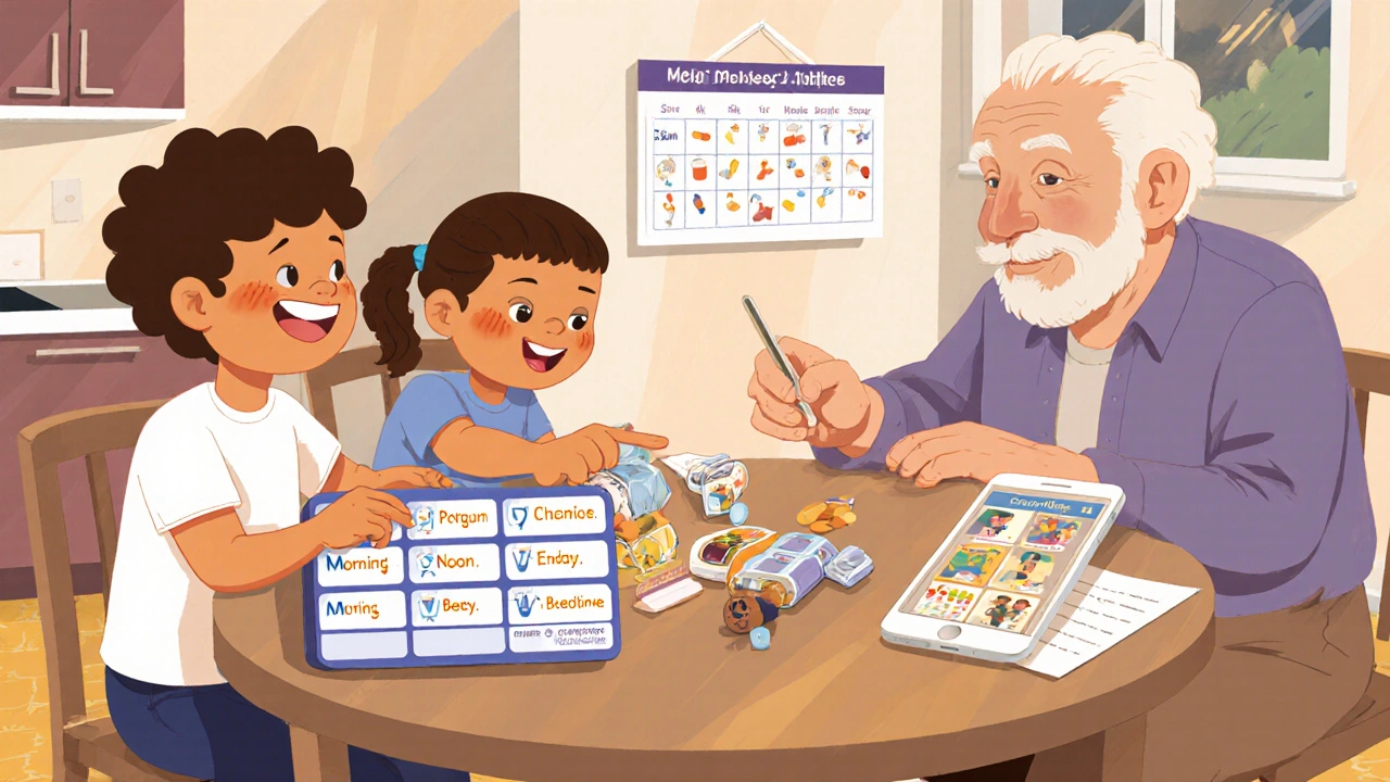 A family uses teach-back method with a labeled pill organizer at the kitchen table.