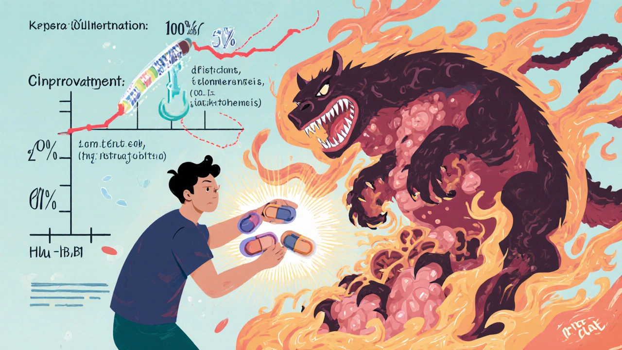 A patient fights a monster of inflammation with medication pills, as survival rates rise behind them.