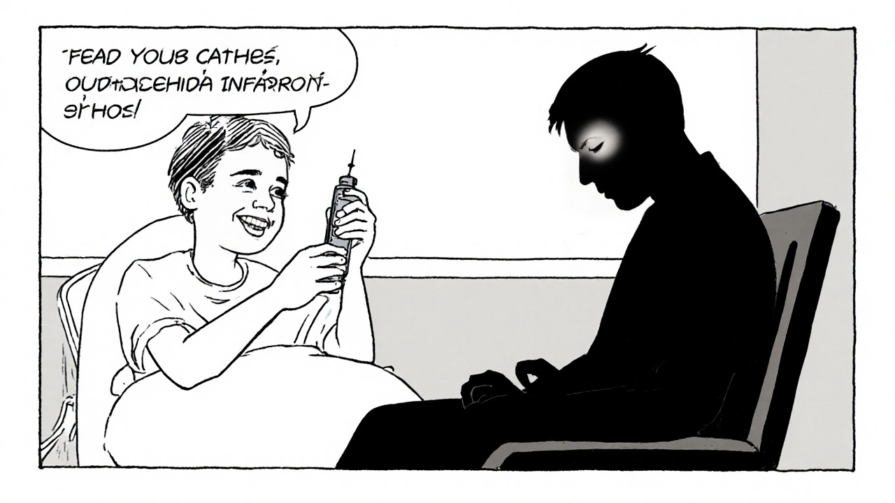 A patient receiving ondansetron injection looking alert, while a tired promethazine figure slumps beside them in a hospital setting.